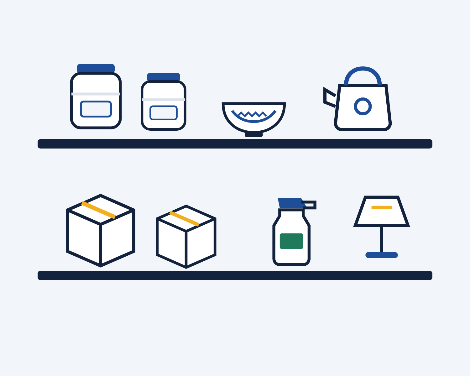 Household goods on shelves